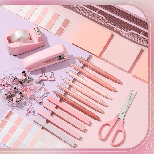 Kosiz 21 Pcs Pink Office Desk Organizers and Accessories Computer Monitor Stand with Drawer Pen Holder Stapler Tape Dispenser Sticky Note Clips Pen Highlighter Scissors Aesthetic Accessories for Woman