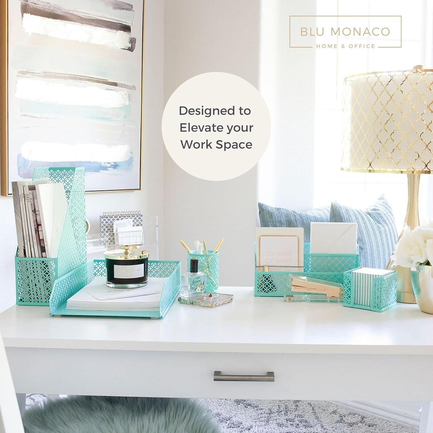 BLU MONACO Aqua Teal 6-Piece Desk Organizer Set | Stylish Office Accessories for Women