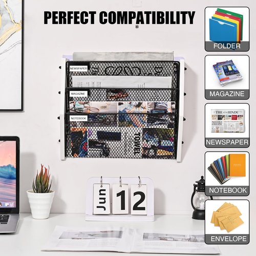 Busidhji Wall File Organizer, Hanging File Organizer, Rustic Mail Organizer Wall Mounted, Wooden Wall Paper Holder, Magazine Organizer for Office (White)