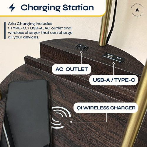 ATAMIN Modern Floor Lamp with Shelves and Fast Charging Ports – USB-C, USB, Wireless Charging, and Compact Storage Shelf Lamp for Connected Living