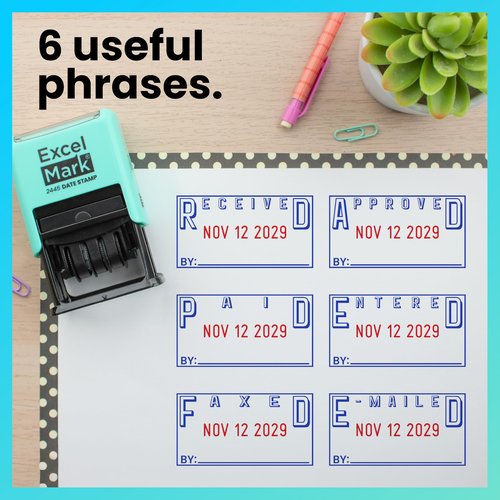 ExcelMark 2445 Date Stamp with Text - Blue and Red Ink (Seafoam Mount, Received)