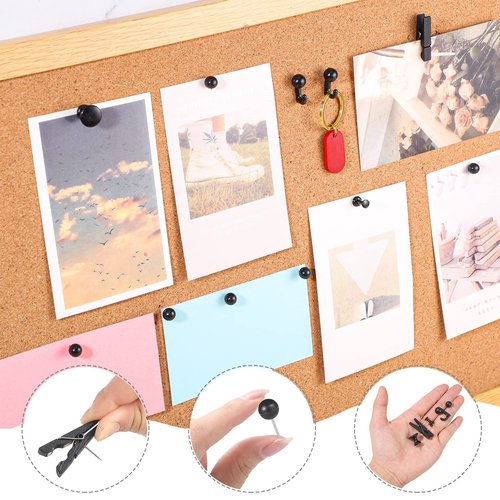 200 Pieces Push Pins Thumb Tacks Black Push Pins for Cork Board, 5 Style for Bulletin Boards Wall Maps Pictures Office Home Supplies