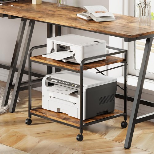 Warmiehomy Under Desk Printer Stand - Large Printer Table with Adjustable Storage Shelf - 2 Tier Rolling Printer Cart with Wheels - Use for 3D, Laser, Home Office (Rustic Brown)
