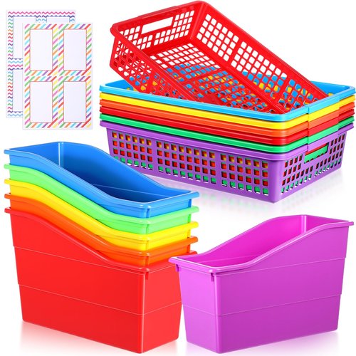 Blosssound 12 Pack Colorful Plastic Classroom Storage Bins with Label Stickers 6 Classroom Book Bins 6 A4 Paper Plastic Trays Stackable Organizer Set for Back to School Library Home Office Supplies
