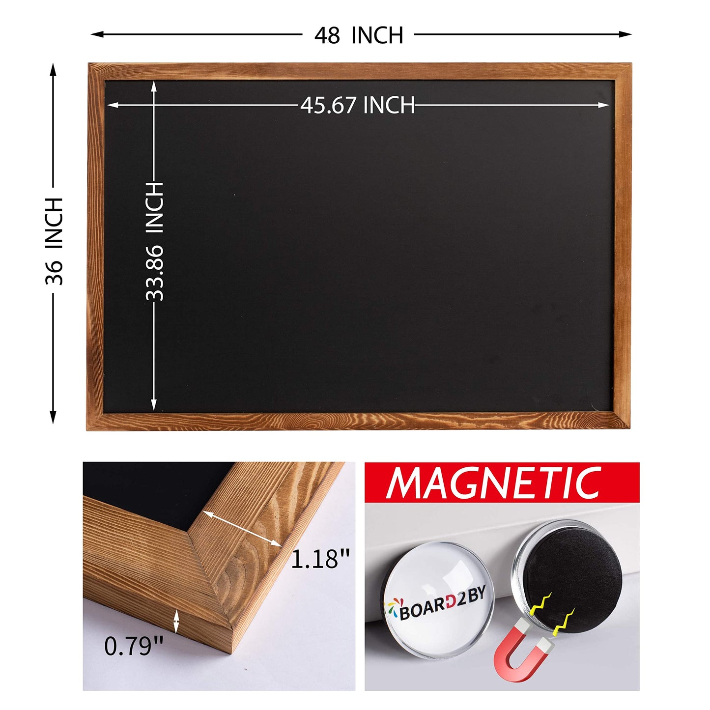 Board2by Magnetic Chalkboard Black Board 48 x 36, Extra Large Chalk Board Blackboard for Wall Decor, Easy-to-Erase Wood Framed Magnet Board, 4 Magnets for School, Home & Office (Rustic Brown)