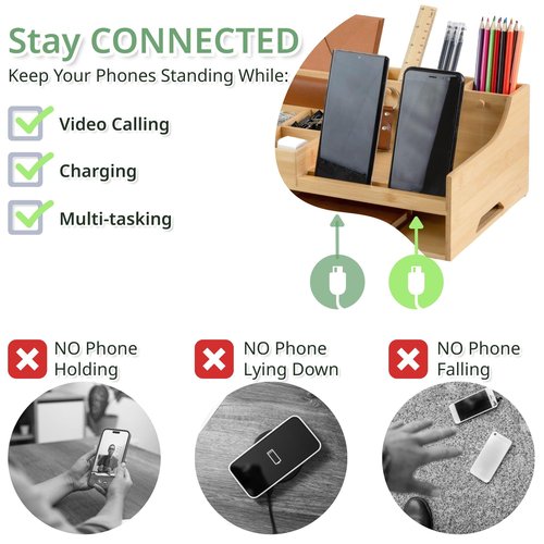 5in1 Bamboo Wood Desk Organizer with Cable Management Spacious Desk Storage & Phone Holder with Key Hooks Home & Office Supply Accessories. No Assembly