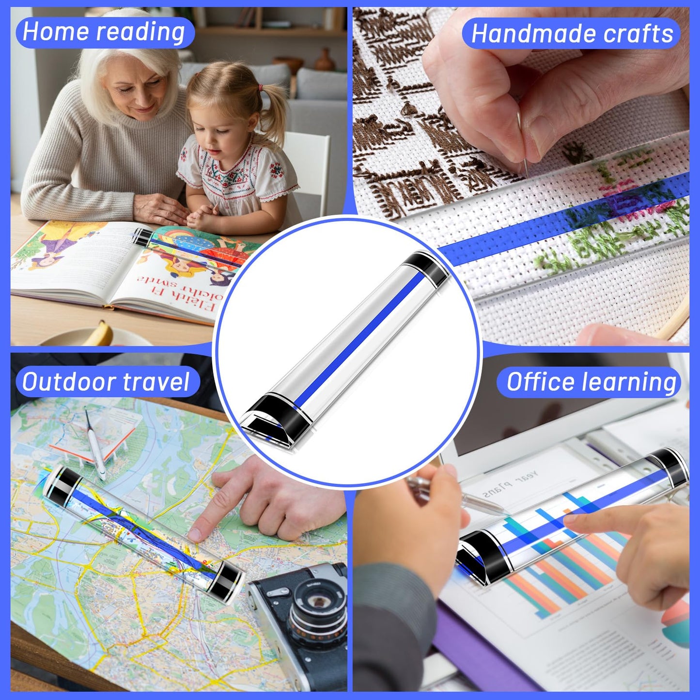 UCandy 2X Magnifying Ruler Bar for Reading, Line Magnifier with Guiding Line for Reading Small Prints, Bible, Books, Instructions, Cross Stitch Patterns (Blue line, 8")