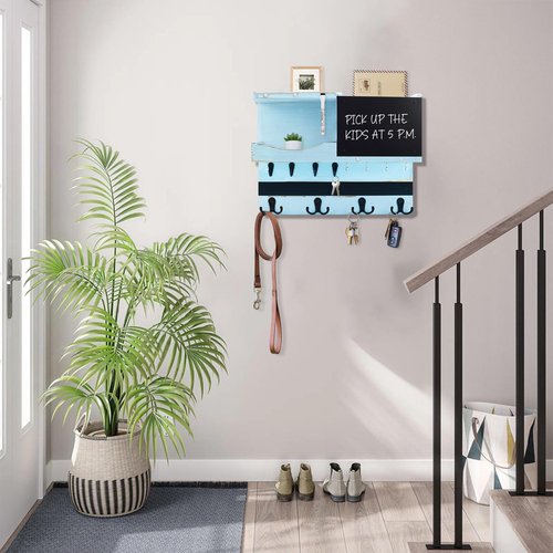 HEKOOLA Key Holder for Wall Mount, Farmhouse Mail and Key Holder for Wall Hanger with ‌Various‌ Hooks, Home Decor Rack with Chalkboard and Shelf(Pine Wood,Blue)