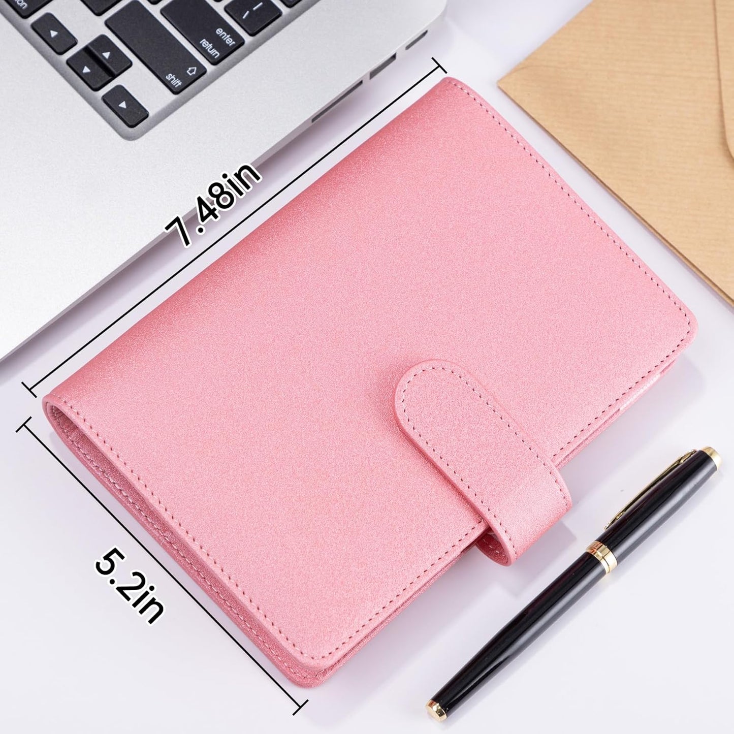 Antner A6 Notebook Binder - Refillable 6 Ring Budget Planner Organizer in Glitter Pink with Magnetic Buckle