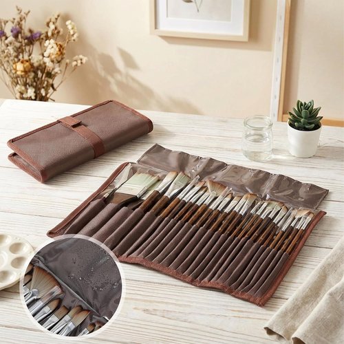 Skiennix 25-Piece Paint Brush Set - Versatile Brushes for Acrylic, Oil, and Watercolor Painting | Includes Palette Knife and Cloth Roll