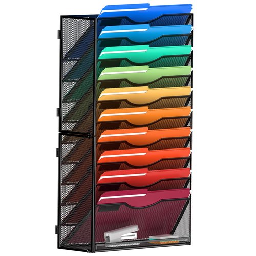 MINDEPOT 11 Tier Wall File Holder Hanging Wall Mount Paper File Organizer for Mails Folders Document Magazine Organization, for Office School Home, Black