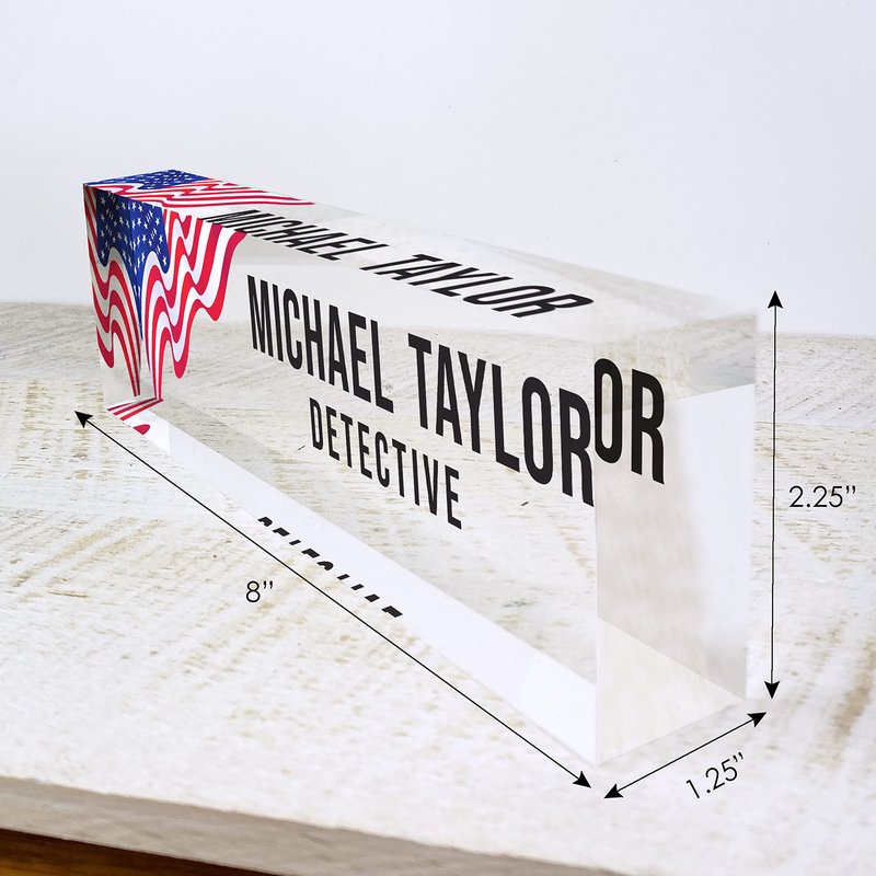 Artblox Office Desk Name Plate Personalized | Custom Name Plates for Desks | Us Flag Design On Clear Acrylic Glass | Office Desk Decor - (8" x 2.5")