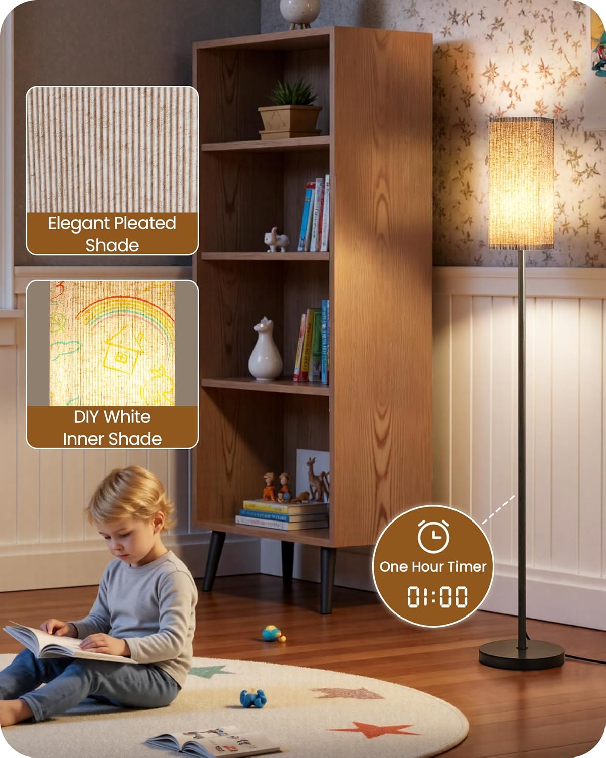 Skiennix Dimmable Floor Lamp - Modern Corner Lamp with Remote & Foot Switch | Beige & Black, 64.2” Tall
