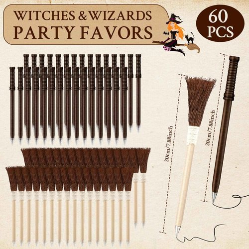 Seajan 30 Pcs Wand Ballpoint Pens and 30 Pcs Witch Broom Ballpoint Pens Wizard Party Favors for Teen Kids Birthday Gifts School Classroom Prizes Goodie Bag Fillers