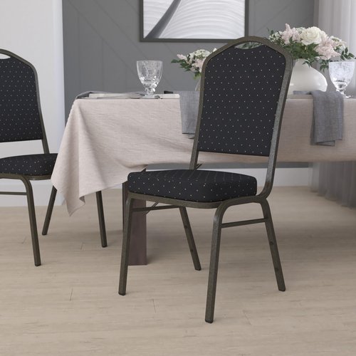 EMMA + OLIVER Crown Back Banquet Chair, Black Patterned Fabric/Gold Vein Frame