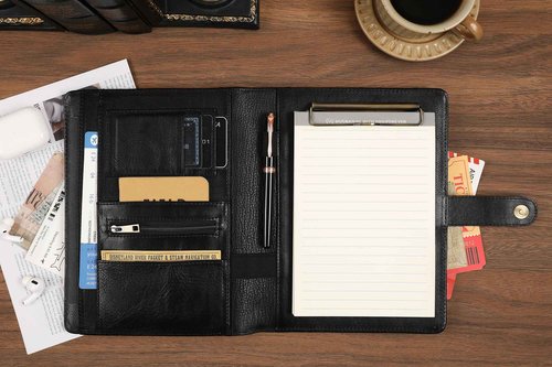 Small Portfolio Binder with Clipboard - A5 Binder Padfolio for Men Mini 5x8 Portfolio Folder with Legal Pad Holder for Business Meetings - Oil Black