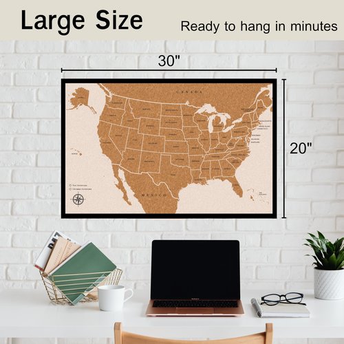 Push Pin USA Travel Map – Large 30" x 20" United States Pin Board with Premium Push Pins – Cork Display for Tracking U.S. Adventures – Unique Gift for Travelers, Couples, and Families