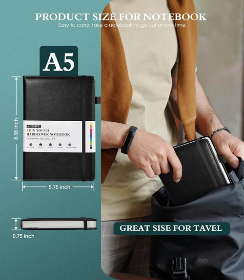 Ansopu Lined Journal - A5 Leather Hardcover Notebook with 100 GSM Thick Paper | 160 Pages, Black