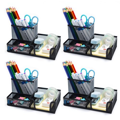 EMIZIU 4 Pieces Mesh Pen Holder Desk Organizers and Accessories for Deskop Organizer,3 Compartments Black Pencil Holder for Office Supplies,Gifts for Colleague