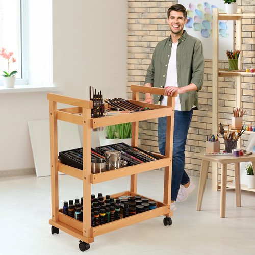VISWIN Art Cart Organizer, Solid Beechwood Art Supply Storage Organizer with Caster Wheels, 3-Tier Multifunctional Rolling Utility Storage Cart for Studio, Classroom, Artists - Natural