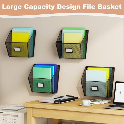Yuzehuaza Mesh Wall File Holder, Hanging File Organizer, Mail Organizer Wall Mounted, 4 Packs Hanging Magazine Holder with Pencil Case for Classroom Office(BLACK)