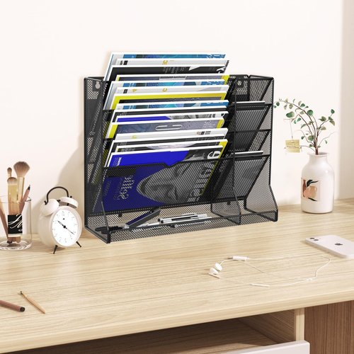 KZWKRG 5 Tier Magnetic File Holder, Magnetic File Organizer, Hanging Mail Organizer Folder Holder with R-shaped Bottom Tray, Magnetic Paper Document Magazine Rack with 4 Pen Holder for Office Home