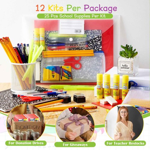 AmazingSpark 12 Sets Back to School Supplies Kit for Students Grade 7-12 Donation Kits Back to School Supplies Bundle Essentials Includes Folder Highlighters Crayons Notebooks Scissors and More