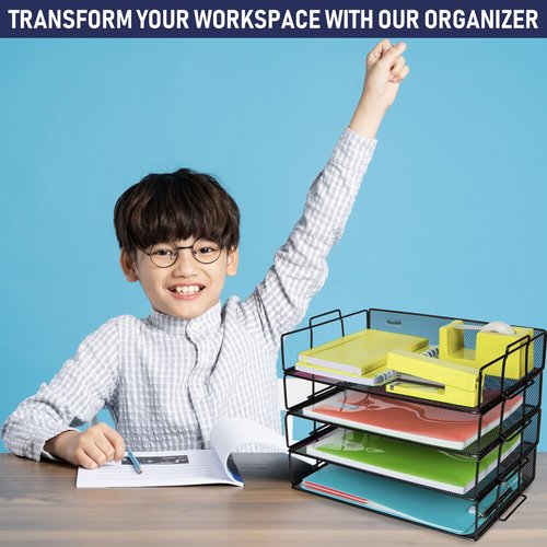 Stackable Paper Tray Desk Organizer, 4-Tier Metal Mesh Letter Organizers for Business, Home, School, or Store Use, Organizes Files, Folders, Letters, Paper, Binders, Multi-Functional Desktop Storage
