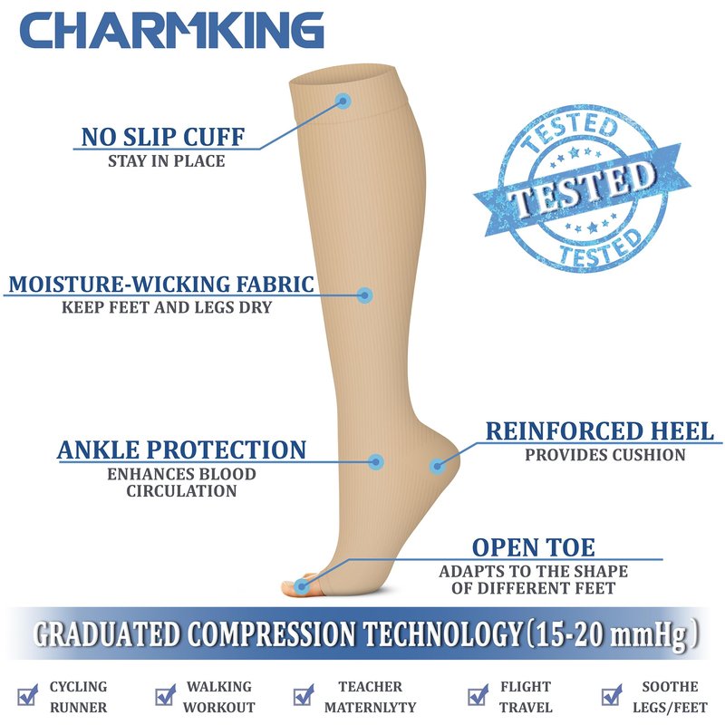 CHARMKING 3 Pairs Open Toe Compression Socks for Women & Men Circulation 15-20 mmHg is Best for All Day Wear Running Nurse (02 Black/White/Beige, S/M)