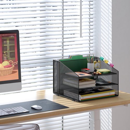 Solinxe 3 Tier Paper Organizer, Mesh Letter Tray Desktop Organizer with Hanging File Folders Holder, Office Organization and Classroom Storage, Black