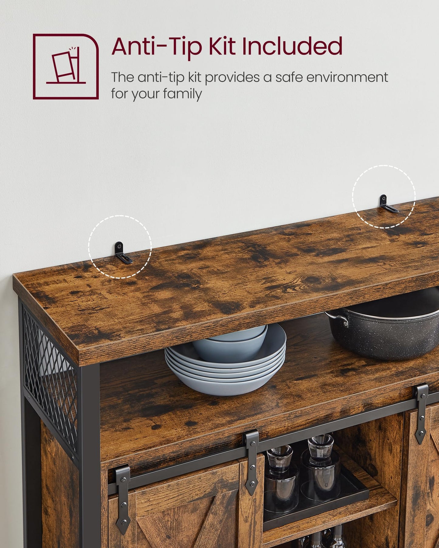 VASAGLE Buffet Cabinet, Coffee Bar Storage Cabinet, Sideboard with 2 Sliding Barn Doors, Adjustable Shelves, 13 x 39.4 x 31.5 Inches, for Living Room, Rustic Brown and Ink Black ULSC092B01