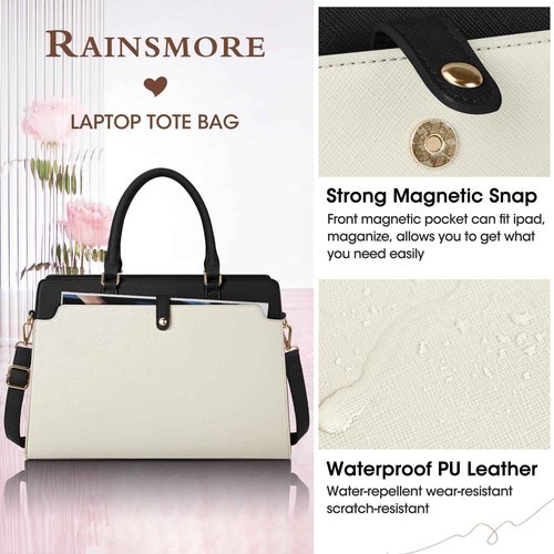 RAINSMORE Laptop Bag for Women 15.6 Inch Laptop Tote Bag Leather Work Bag Waterproof Womens Briefcase Business Office Computer Tote Large Capacity Handbag, Beige and Black
