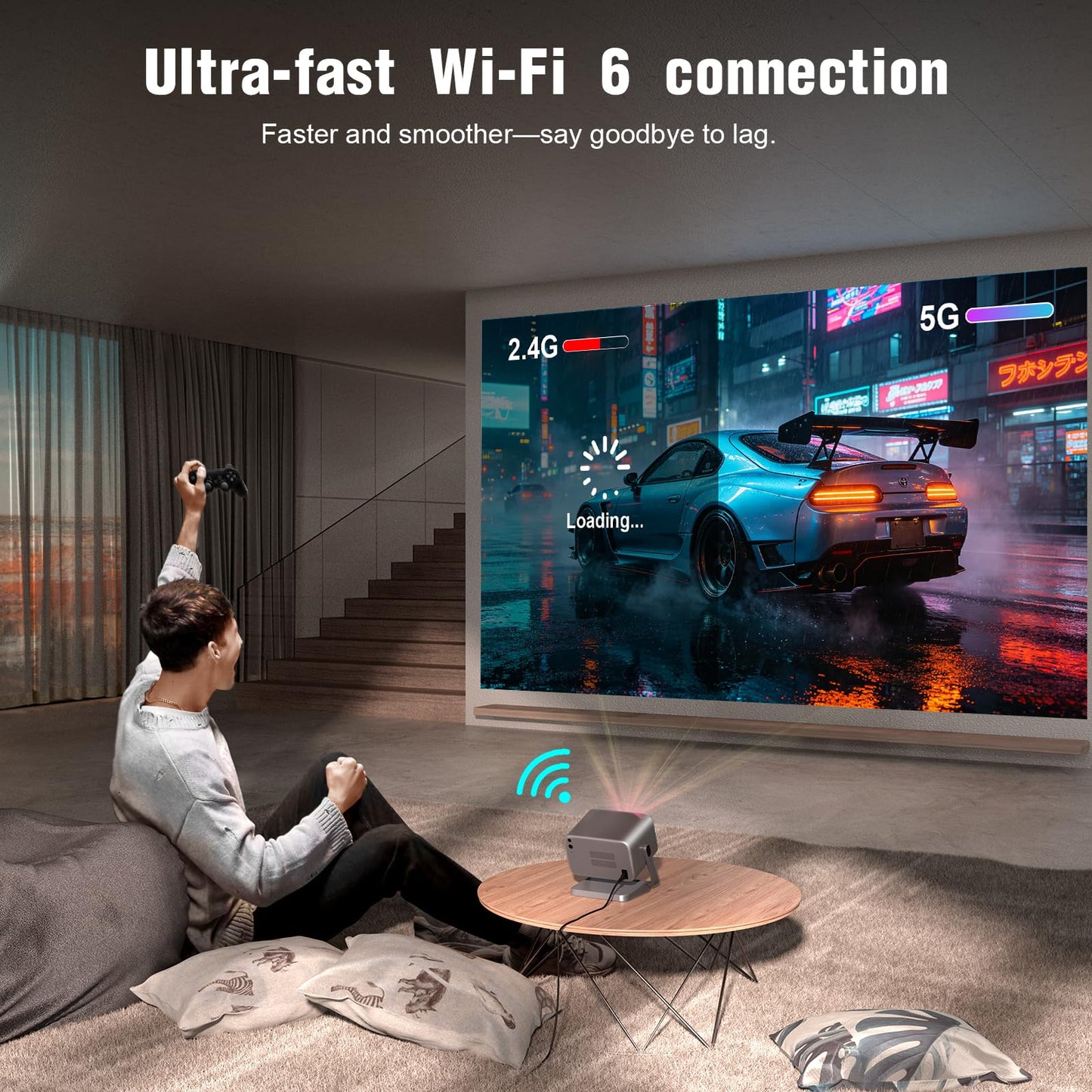 [3000 ANSI & Officially-Licensed APP]4K Projector with WiFi and Bluetooth, Auto Focus Keystone & Dolby Audio, Smart Outdoor Projector with Adjustable Stand for Home Theater Bedroom Ceiling(Cyan)