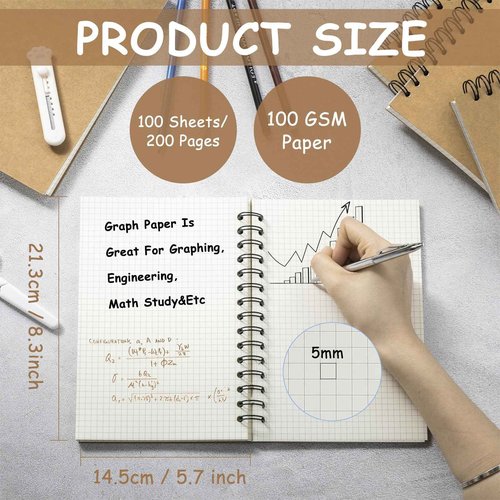 Geyoga 12 Pack Graph Paper Spiral Notebooks Bulk 8.3"x5.7" Quad Grid Paper Spiral Graphing Journals 100 GSM 200 Pages Grid Notepads Hardcover for Office Aesthetic Engineering