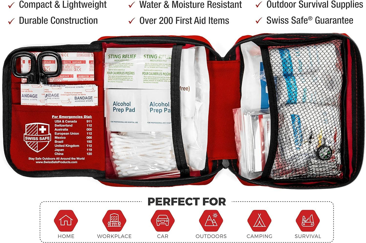 Swiss Safe 2-in-1 First Aid Kit for Car, Travel & Home, Businesses - Bonus Mini Kit for Medical Emergency Aid, Survival, Camping - 200 Pcs, Medium FAK