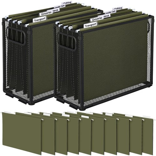 Otoolling 2 Pack Hanging File Organizer Include 10 Hanging Folders Metal Mesh File Folder Box for Letter Size Folder Storage Desktop Magazine Storage Cabinets for Home Office School(Green,Small)