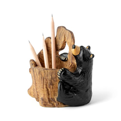 DEMDACO Bearfoots by Jeff Fleming Bear Log Midnight Black 5 inch Hand-cast Resin Stone Desk Pencil Holder