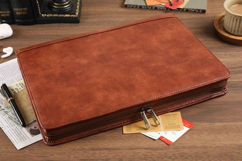 Handmade Leather Portfolio, Embossed Vegan Leather Padfolio Folio, Zipper Portfolio with A4 Letter Sized, Writing Pad Holder, Gifts for Women/Men, Brown