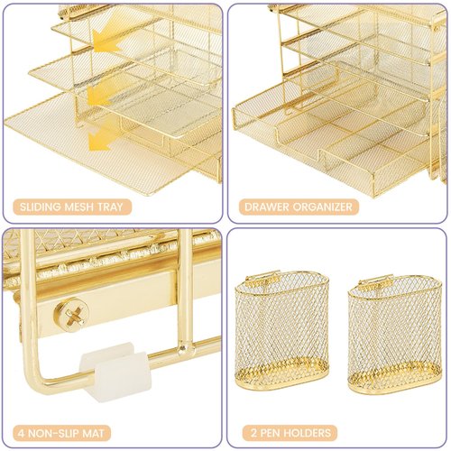 OPNICE Desk Organizers and Accessories, 5-Tier Paper File Organizer with Drawer & Pen Holder, Office Desk Accessories Workspace Desktop Organizer for Office Supplies(Gold)