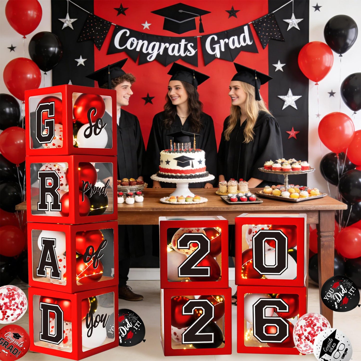 Graduation Decorations Class of 2026, Red and Black Graduation Decorations, Balloons Boxes (4PCS) with Letters 2026 GRAD So Proud of You, Congrats Grad Decorations for High School & College