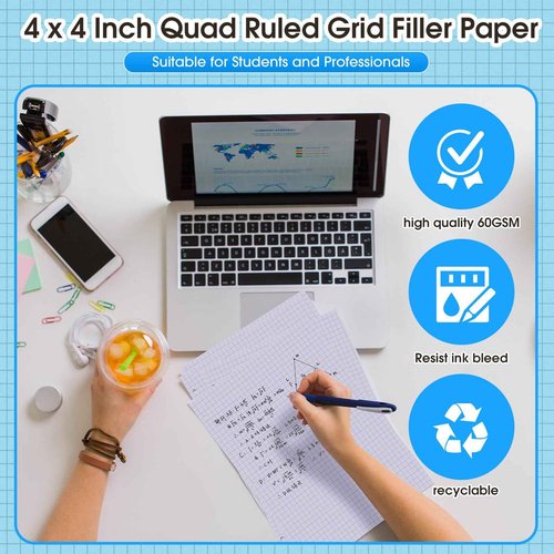 Noveread 15 Pack Graph Paper, 8" x 10.5" Loose Leaf Graph Paper, 2250 Sheets Bulk 4 x 4 Inch Quad Ruled Grid Paper Filler Paper, 3 Hole Punched, 60 Gsm, 150 Pcs Each Pack, Office Student Supplies