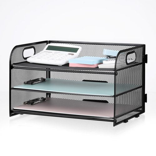 NCXTKJ 3-Tier Letter Tray Paper Organizer with Handle, Compact Mesh Desk File Organizer for Home Office Supplies Desktop Accessories,Black