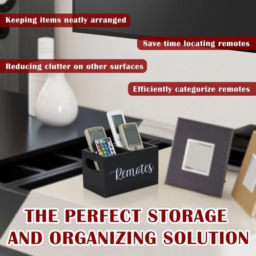 Black Wooden Remote Control Holder for Table, TV Remote Holder, 2 Compartments Ash Wood Remote Organizer Caddy with Handle, Wooden Remote Box for Nightstand,Living Room Office, Office Desk, Side Table