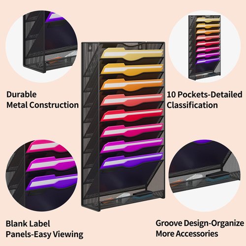 10-Tier Hanging Wall File Organizer Wall Mounted File Holder Document Wall Organizer for Office Organization and School Storage (No Assembly Required) (10 Tier Black)