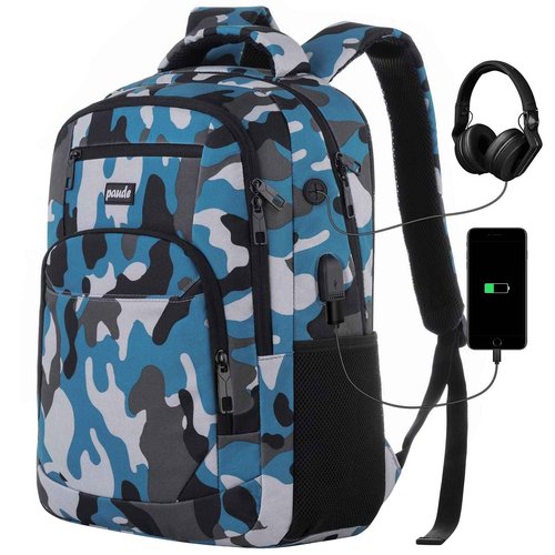 17 inch Backpack for Men,College Backpack School Bookbag for Teens,Travel Laptop Bookbag with USB Port and Headphone Hole,Camouflage Blue