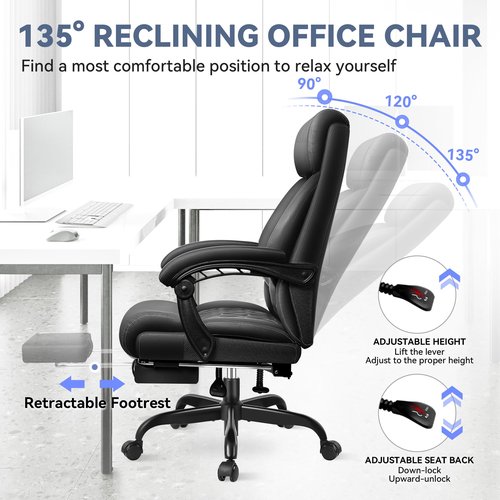 Office Chair, Big and Tall Office Desk Chair, Reclining Office Chair with Footrest Home Office Desk Chairs, High Back Ergonomic with Lumbar Support, Executive Leather