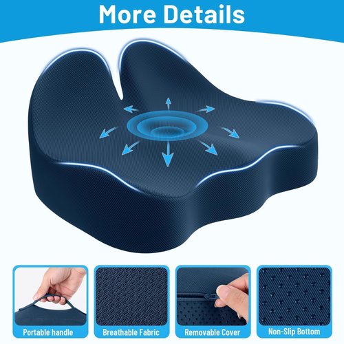Cushzone Seat Cushion, Memory Foam Office Chair Cushions, Ergonomic Curved Design for Sciatica, Tailbone, Coccyx, Seat Support for Car, Desk Chair, Wheelchair, Enhances Long Sitting Comfort (Blue)