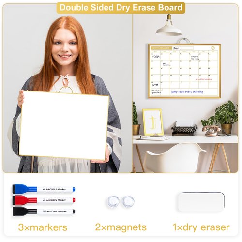 ARCOBIS Monthly Calendar Whiteboard - 12" x 16" Double-Sided Magnetic Dry Erase Board with Gold Frame - Portable Wall Hanging Planner for Home, Office, School