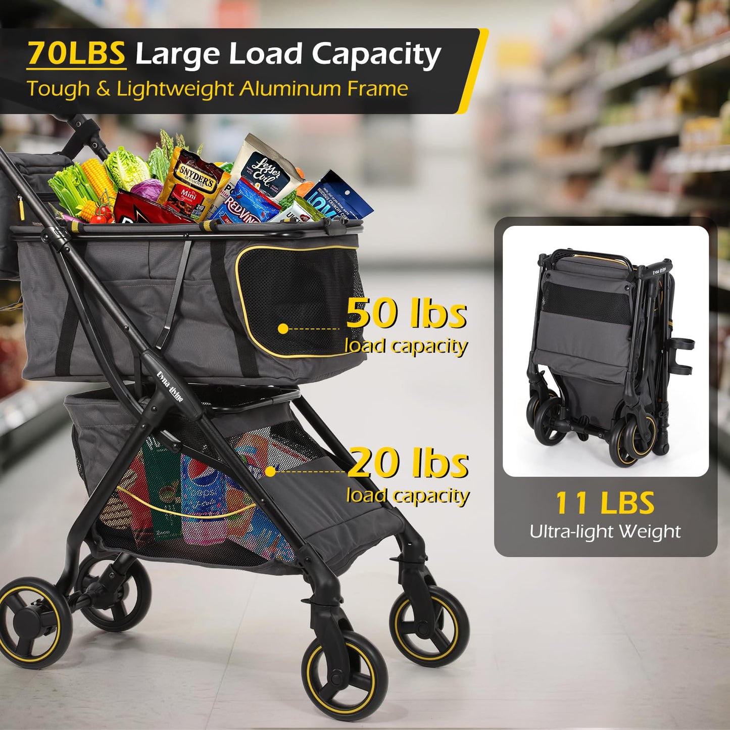 Dyna-Living Personal Folding Shopping Cart 70lbs Load-Capacity Foldable Shopping Carts for Groceries, Adjustable Handle, Lightweight Aluminum Frame Collapsible Shopping Stroller, 2-Tier