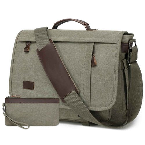 17.3 Inch Messenger Bag for Men: 2PCS Laptop Work PU Leather Canvas Briefcase Carry On Large Computer for Office College Travel (Green)
